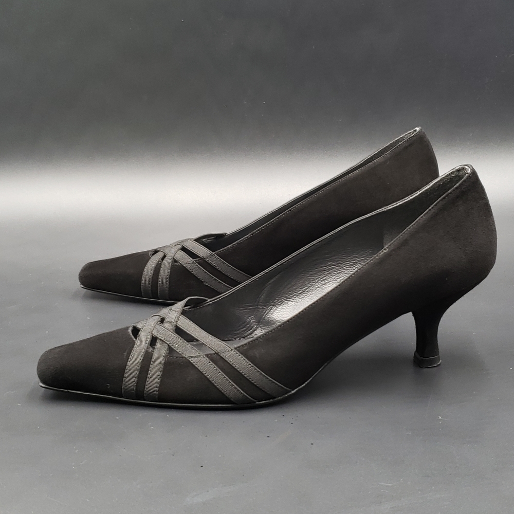 Stuart Weitzman Black Suede w Crisscross Ribbon Detail Kitten Heels 7.5